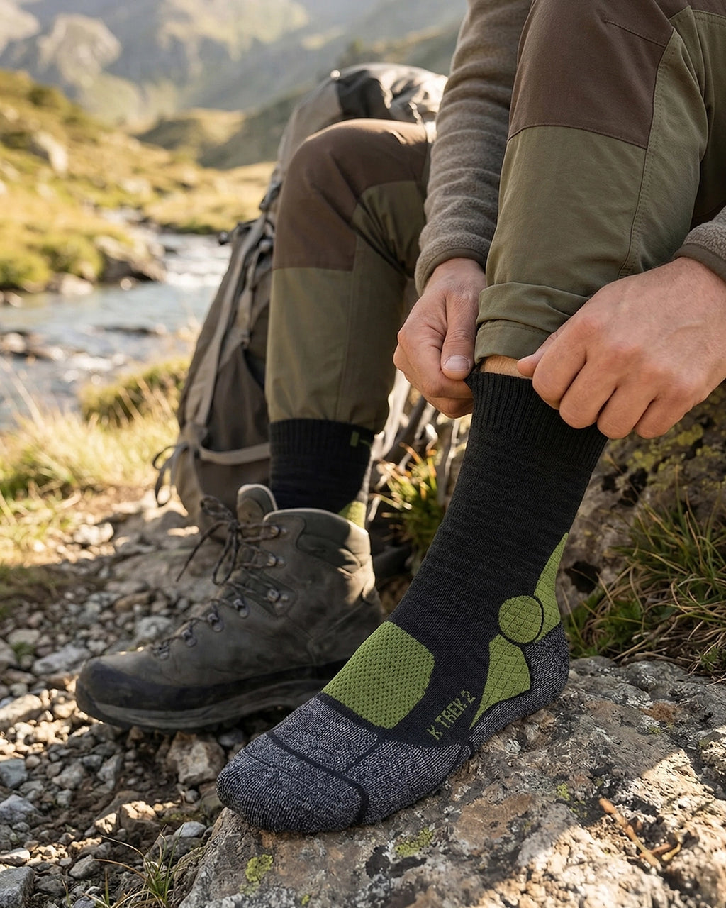 K-Trek Mid - Calze Tecniche da Trekking in Lana Merino 4 Stagioni - Grigio/Verde - 3 Paia