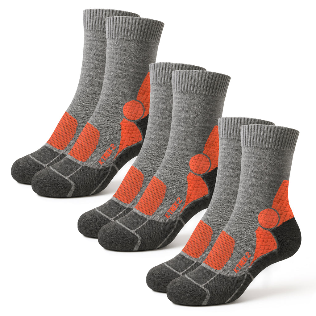 K-Trek Mid – Technical Merino Wool Trekking Socks for All Seasons, Midweight - Grey/Orange - 3 Pairs