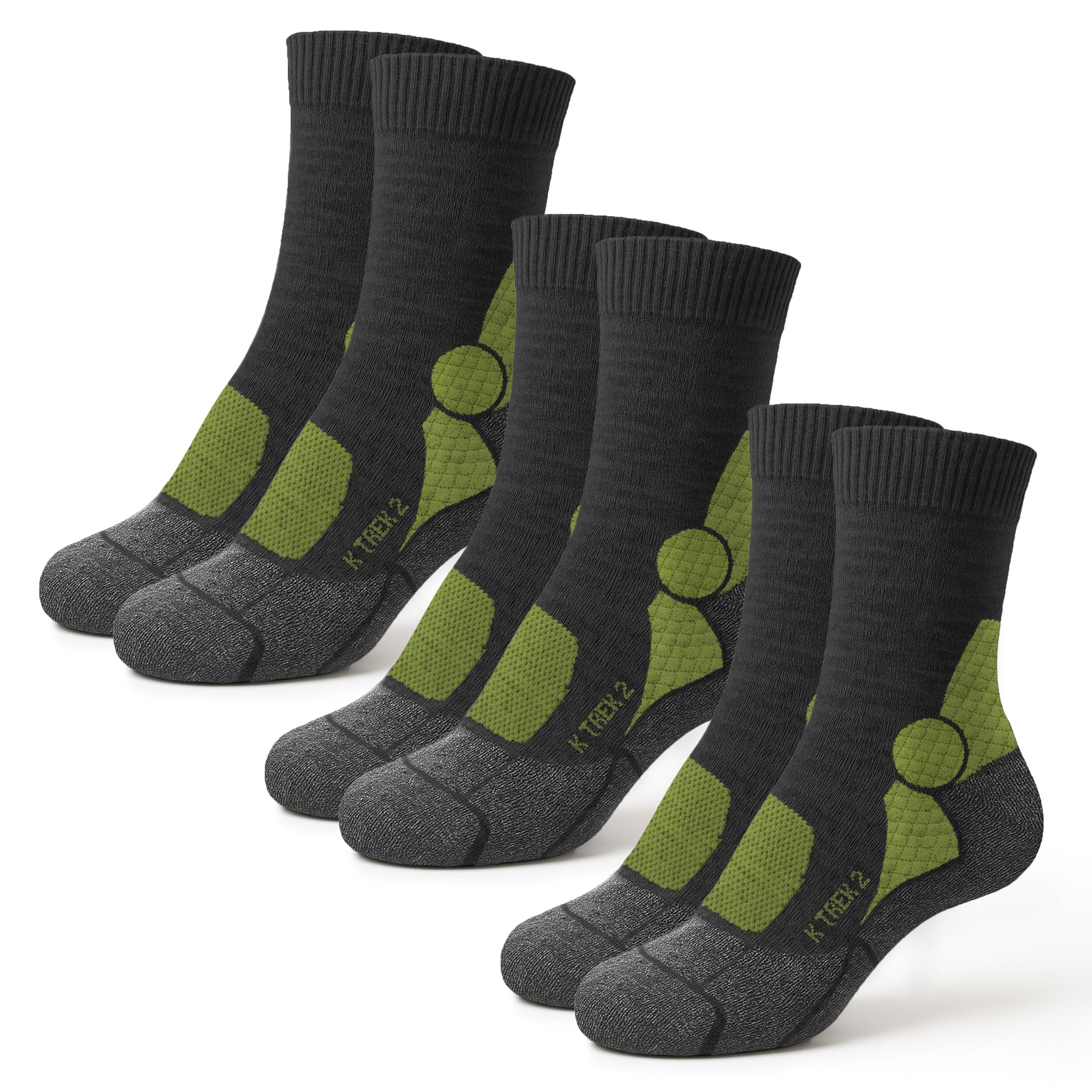 K-Trek Mid - Calze Tecniche da Trekking in Lana Merino 4 Stagioni - Grigio/Verde - 3 Paia